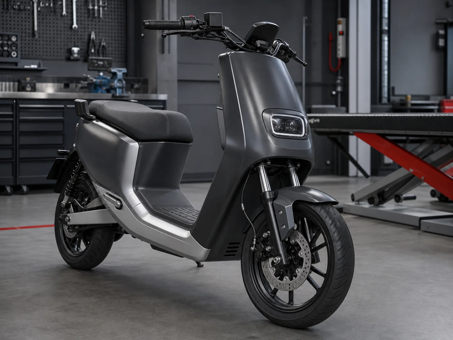 Illustrative electric scooter routing context for the ChiZe M10 braided hydraulic brake line reference